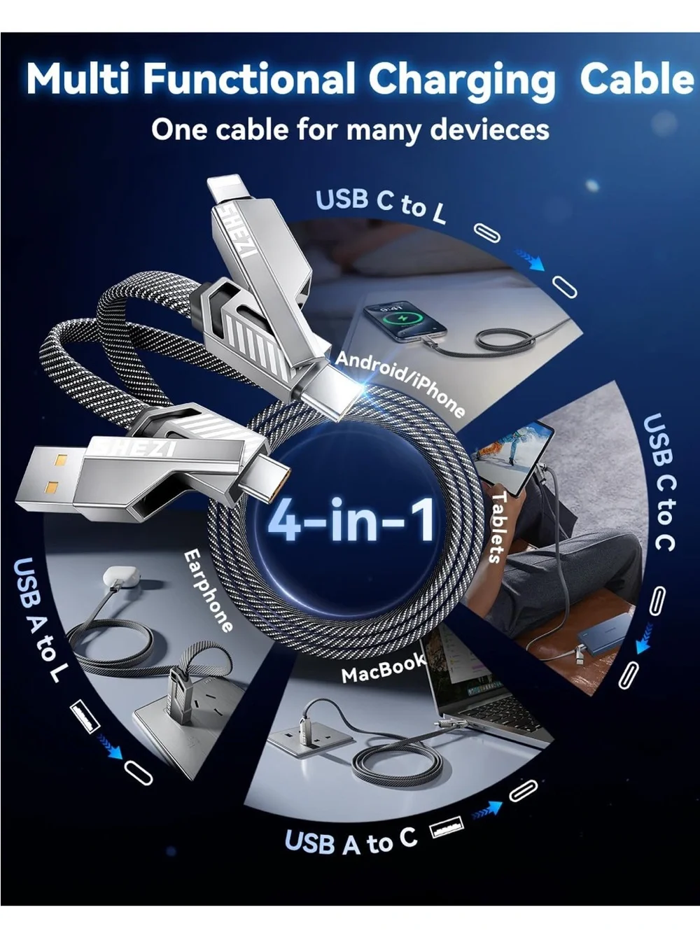 Multi-Connector Braided Charging Cable - Silver & Black